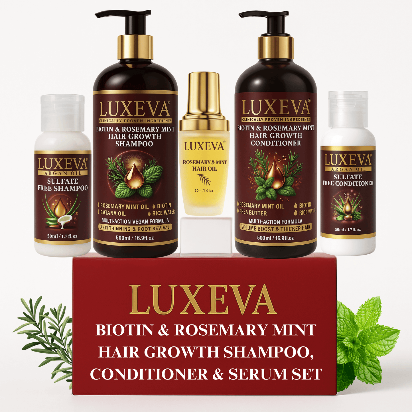 Biotin & Rosemary Mint Hair Growth Shampoo, Conditioner Sulfate Free and Rosemary Oil for Hair Growth Set. Clean beauty shampoo & conditioner gift box