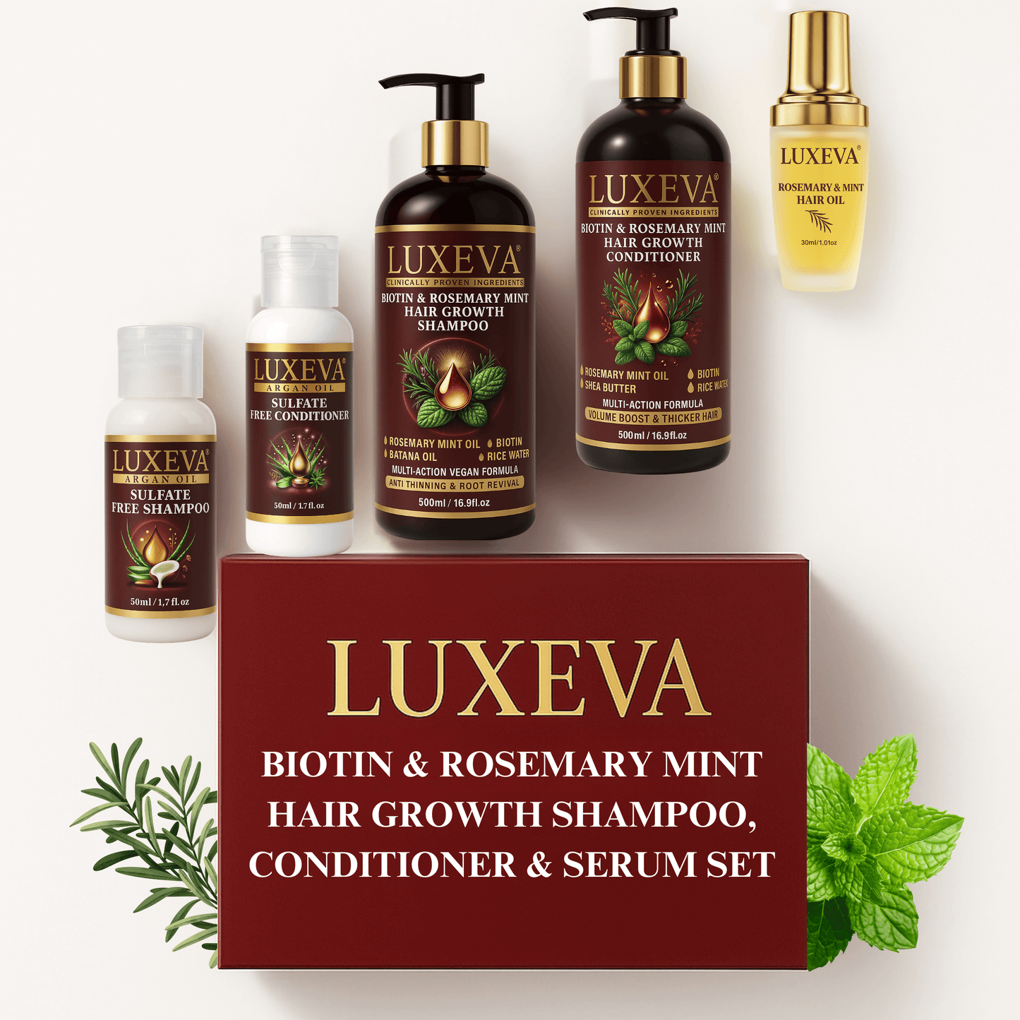 Biotin & Rosemary Mint Hair Growth Shampoo, Conditioner Sulfate Free and Rosemary Oil for Hair Growth Set. Clean beauty shampoo & conditioner gift box