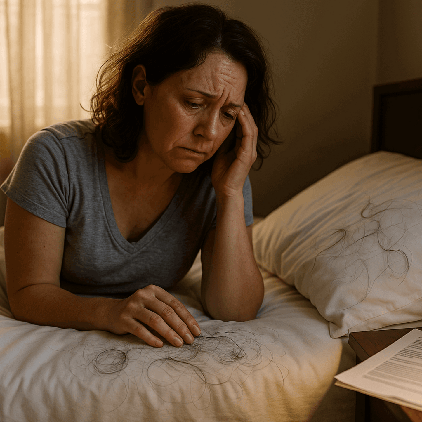 A distressed woman suffering from perimenopause hair shedding, haor loss & waking up to hair breakage and split ends on pillow