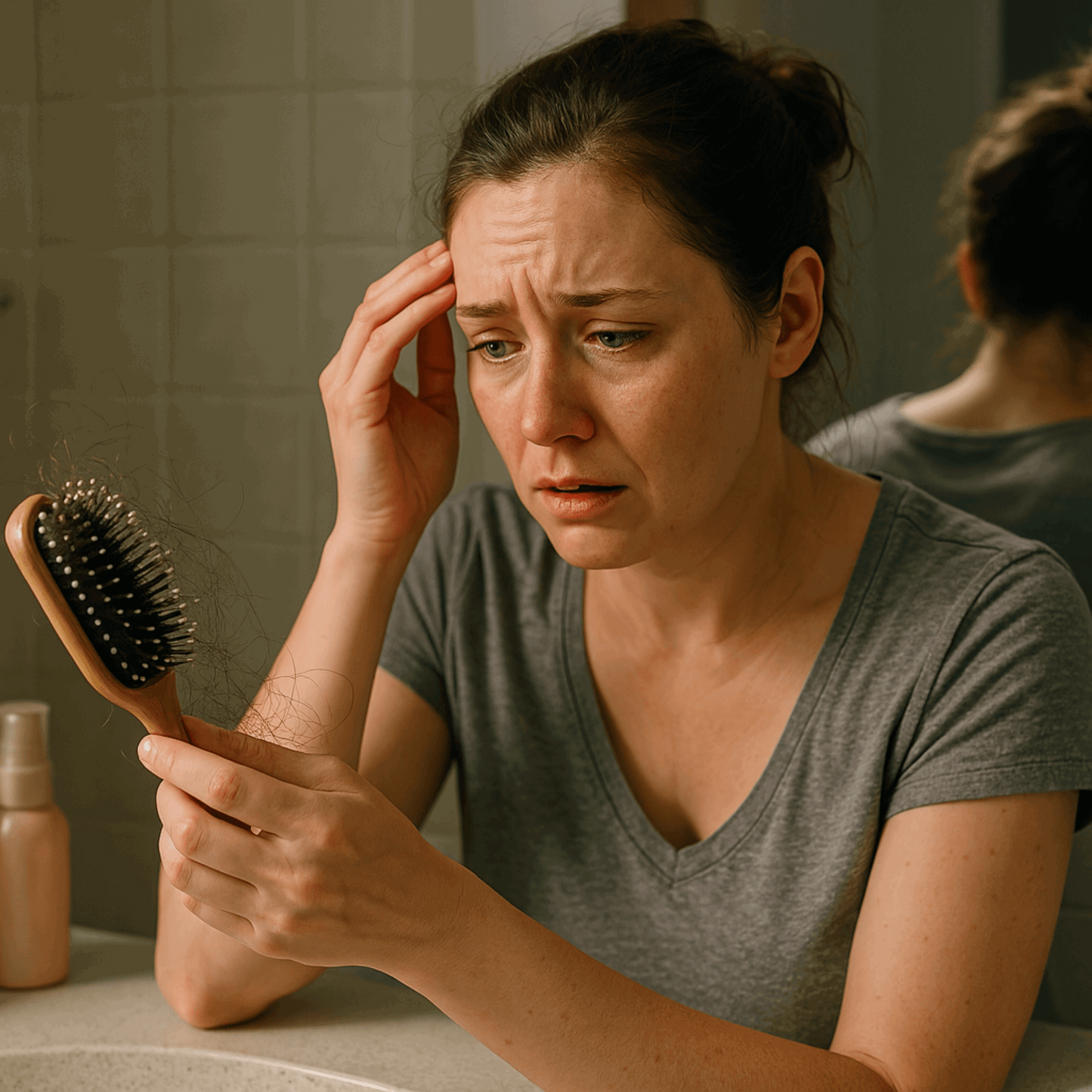 A distressed woman suffering from perimenopause hair shedding seeing hair breakage and split ends on comb