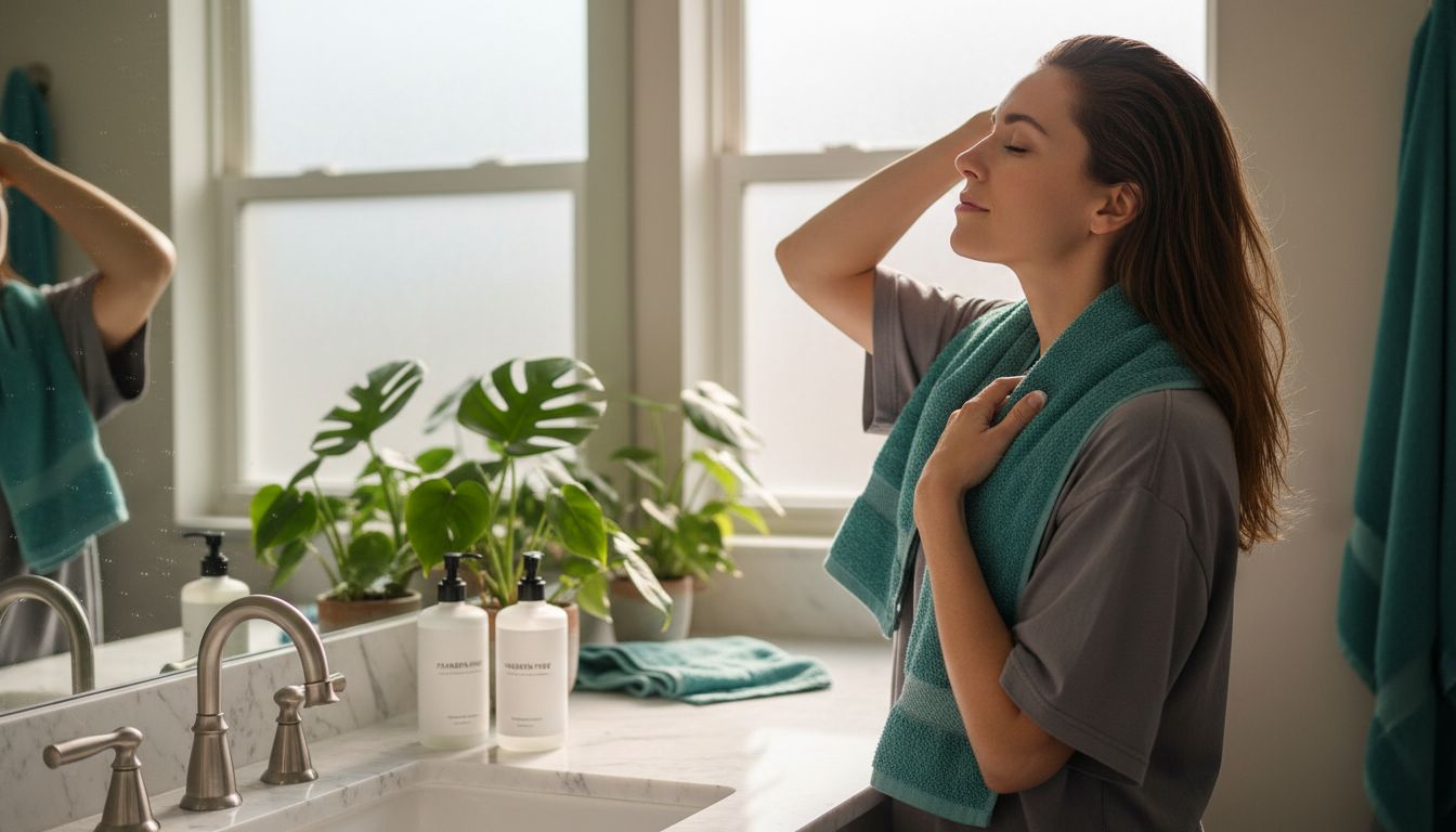 Woman using paraben-free shampoo in bathroom