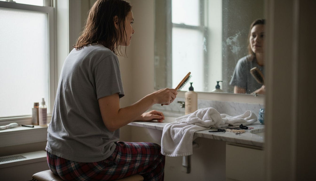 Woman brushing hair at cluttered bathroom counter