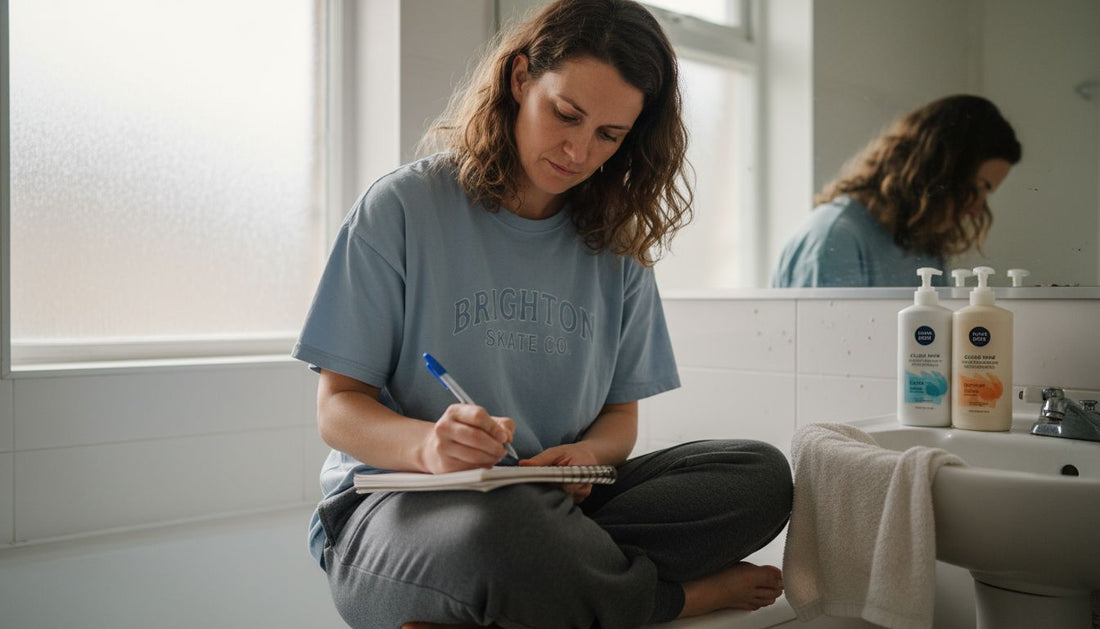 Woman documents haircare routine in bathroom