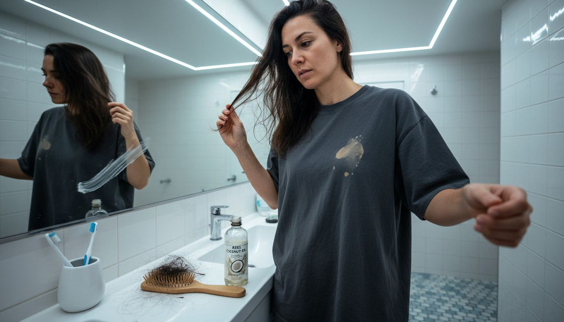 Woman checking hair for breakage signs