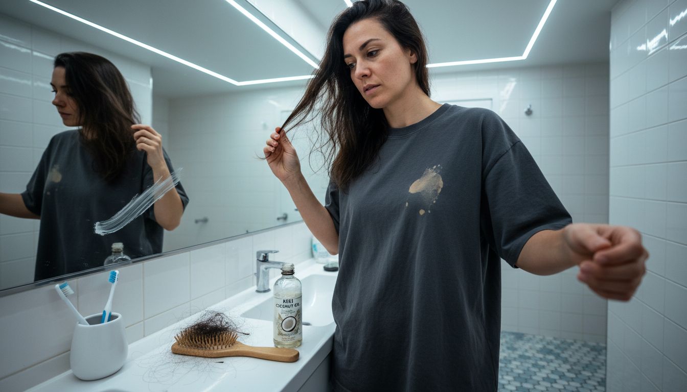 Woman checking hair for breakage signs