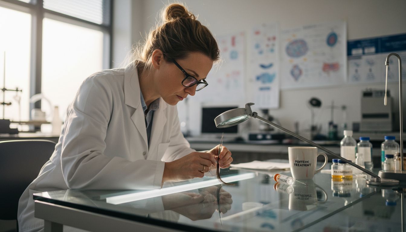 Scientist inspecting hair strand in lab