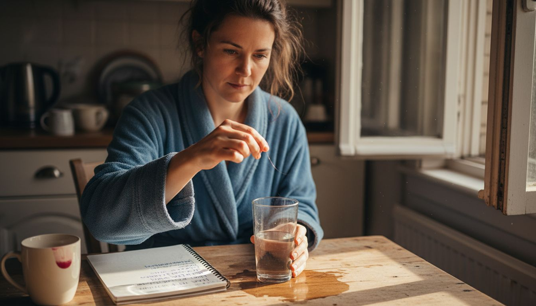 Woman testing hair porosity at kitchen table