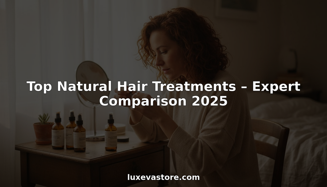 Woman applies natural hair treatment at home vanity