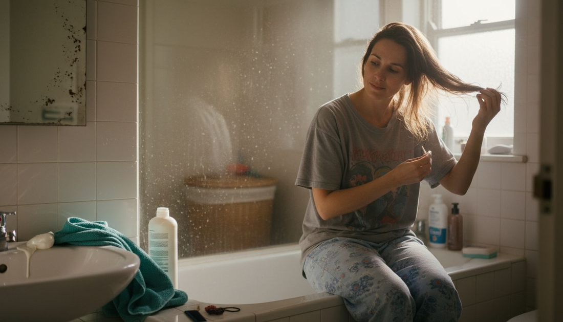 Woman examining hair in sunlit bathroom