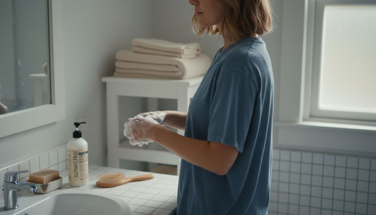 Woman washing hair with sulphate-free shampoo