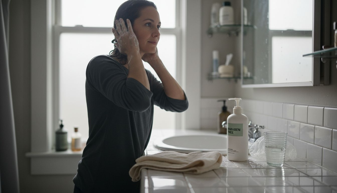 Woman using paraben free shampoo in bathroom