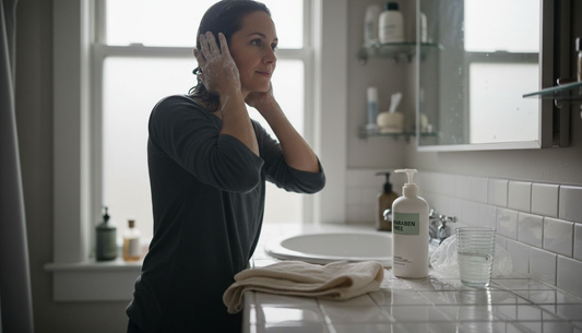 Woman using paraben free shampoo in bathroom
