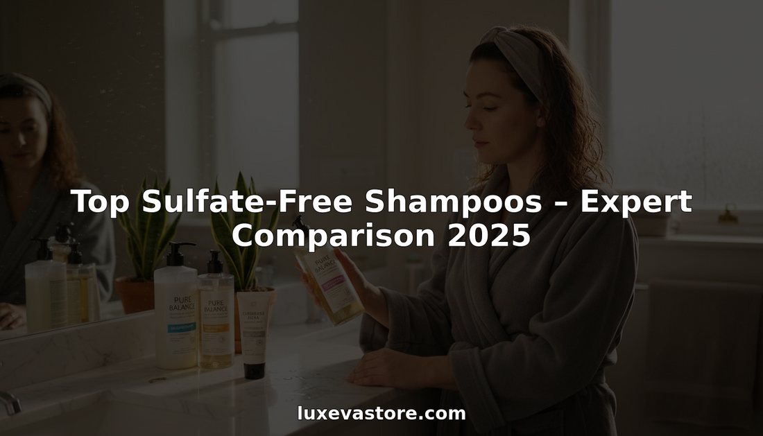 Woman reviews sulfate-free shampoo brands in bright bathroom