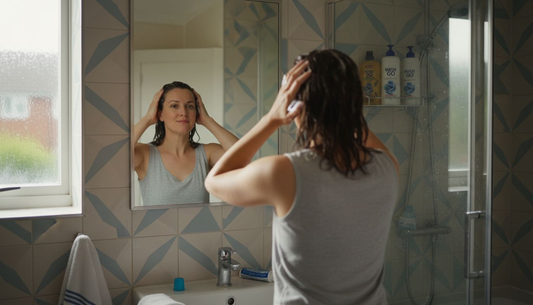 Woman shampooing hair natural bathroom