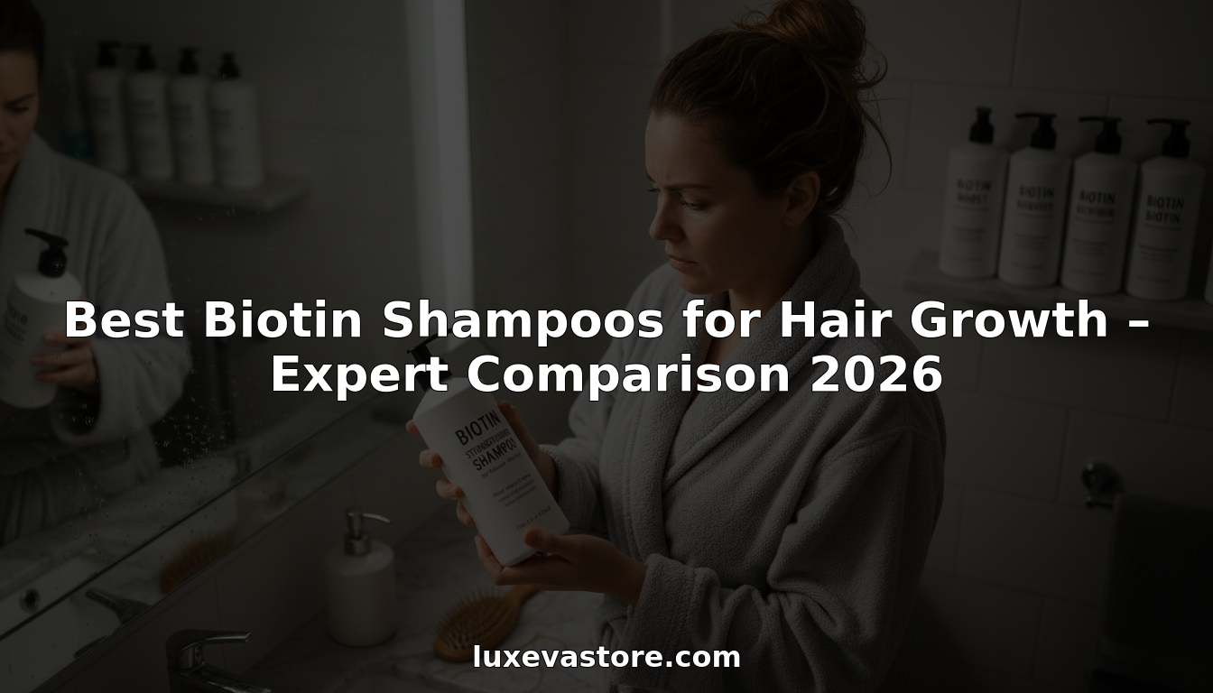 Woman examines biotin shampoo bottles on bathroom shelf