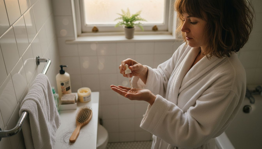 Applying hair serum in morning bathroom routine