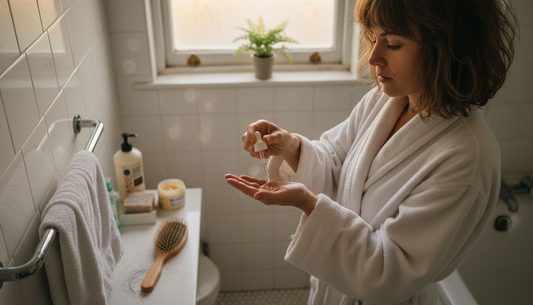 Applying hair serum in morning bathroom routine