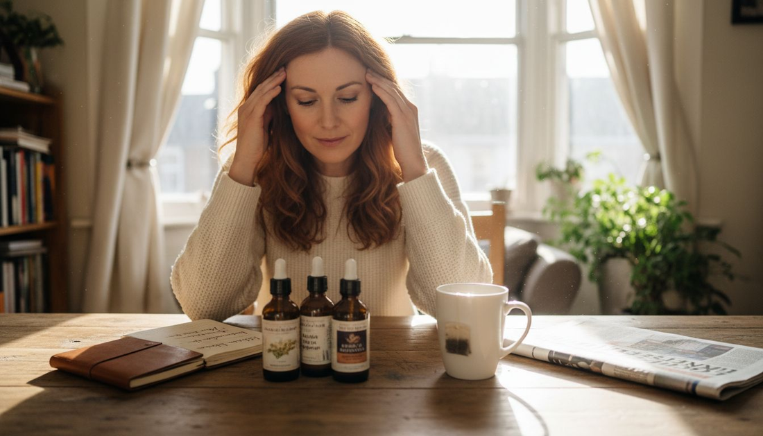 Woman applying hair oil at home, bottles on table