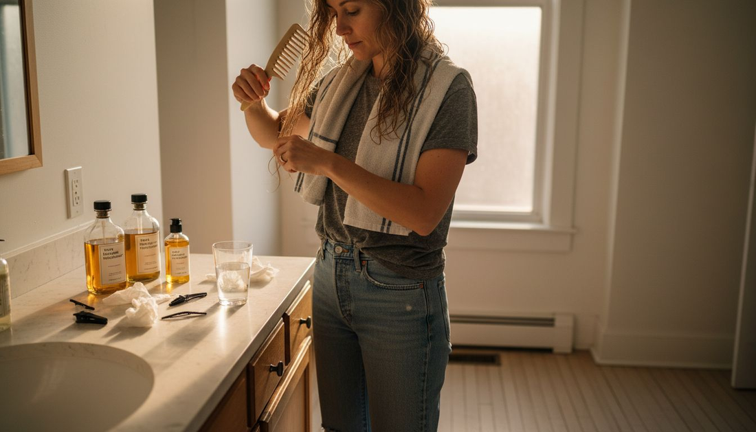 Woman preparing hair for oil application