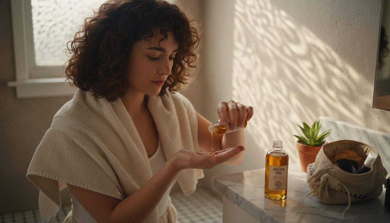 Woman applying argan oil to hair in bathroom