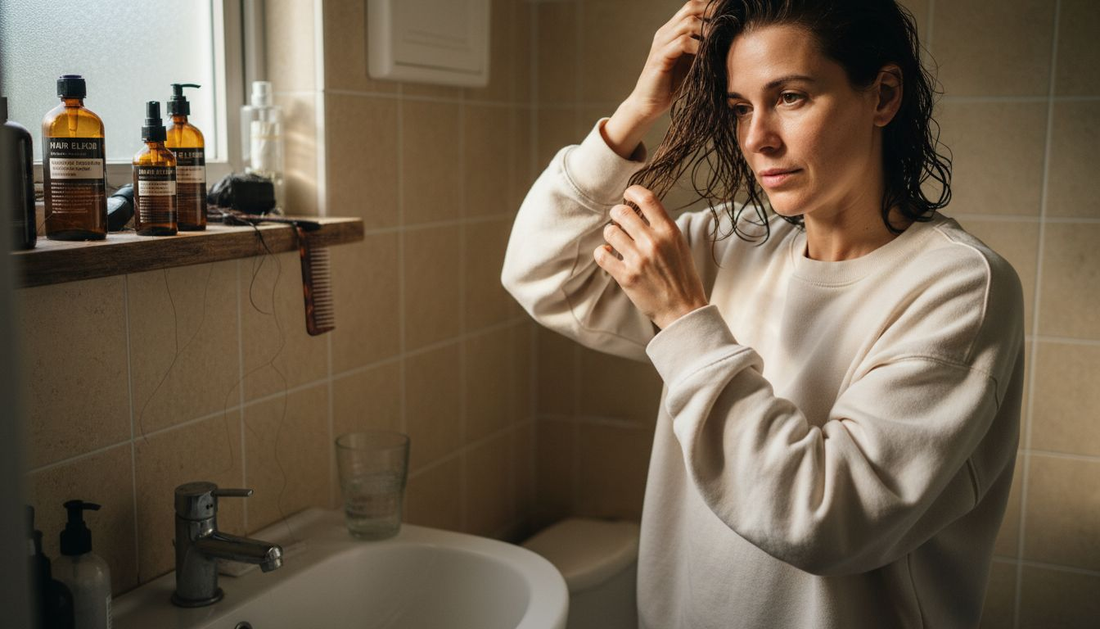 Woman applying argan oil to her wet hair