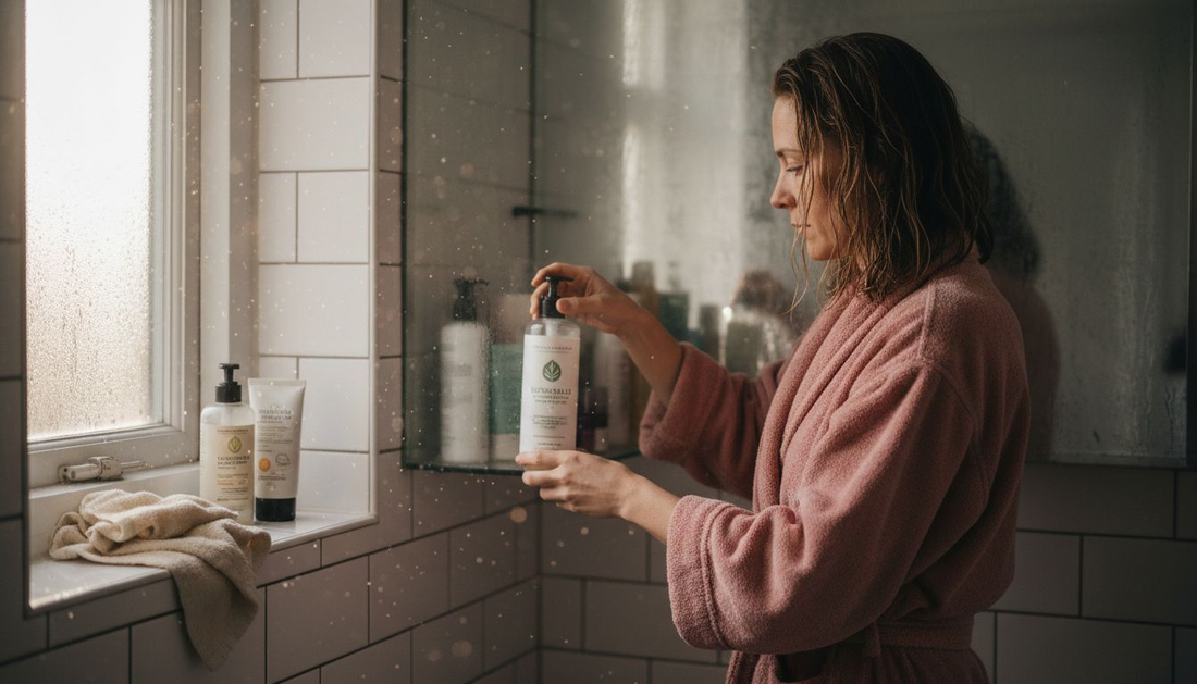 Woman placing shampoo on bathroom shelf