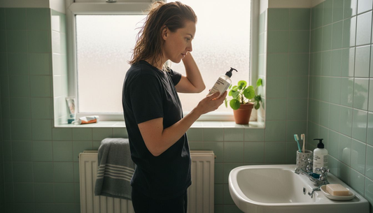 Woman holding paraben-free shampoo in bathroom