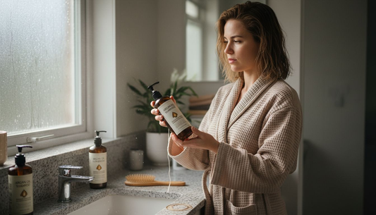 Woman examines argan oil shampoo in bright bathroom