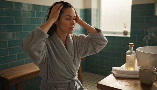 Woman applying hair oil in sunlit bathroom