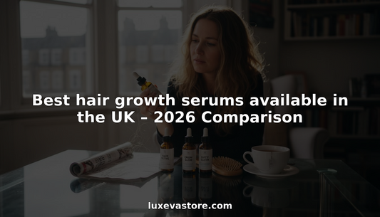 Woman comparing hair growth serums at vanity