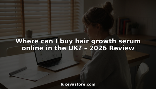 Woman shopping online for hair growth serum