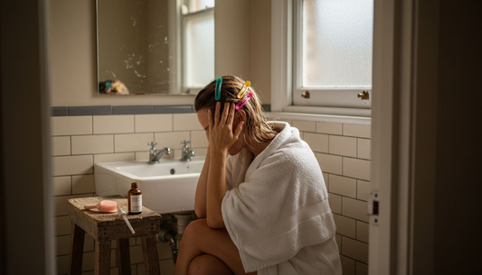 Woman applying oil with scalp massager in bathroom