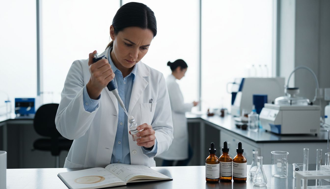 Scientist testing niacinamide hair serum in lab