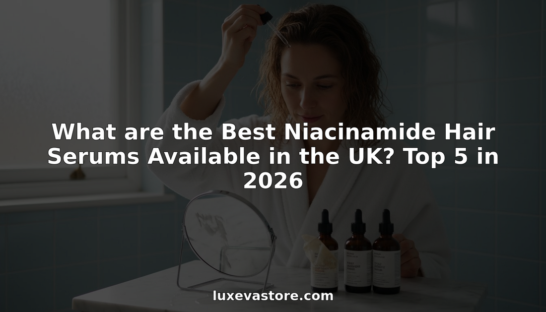 Woman applying niacinamide hair serum in bathroom