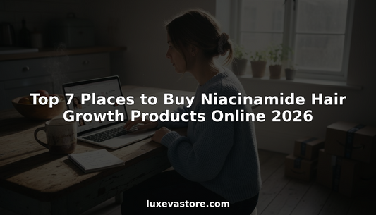 Woman comparing niacinamide hair products online