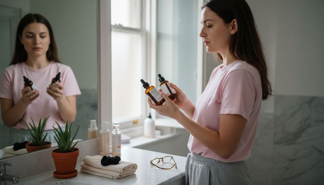 Woman choosing niacinamide haircare products at home