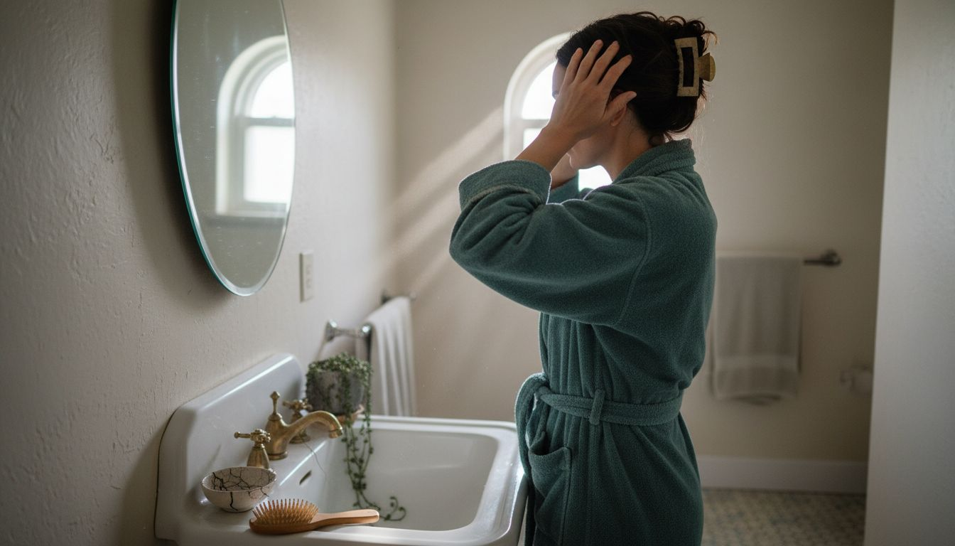 Woman applying niacinamide serum in bathroom