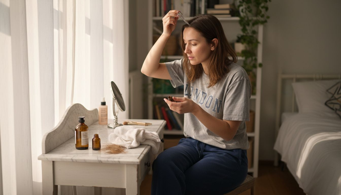 Woman applying squalane serum at vanity