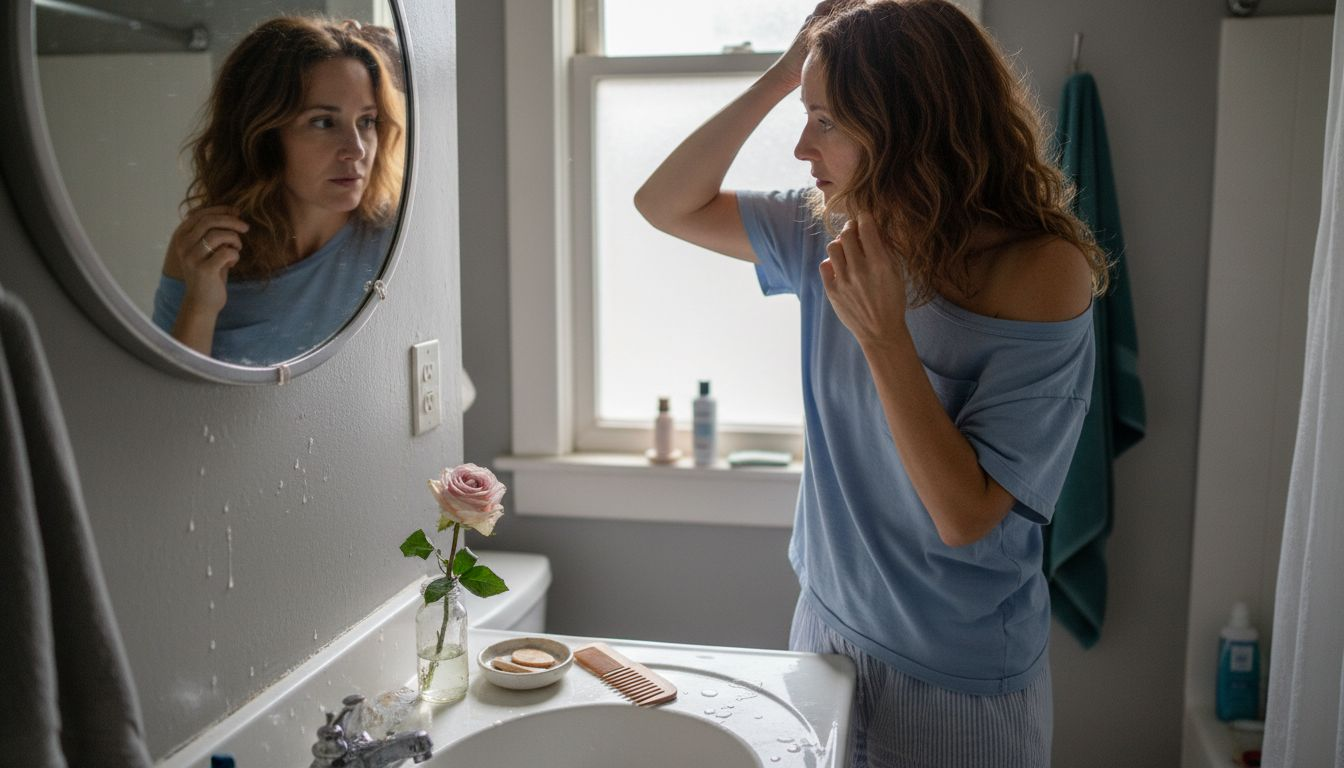 Woman checking scalp health in bathroom