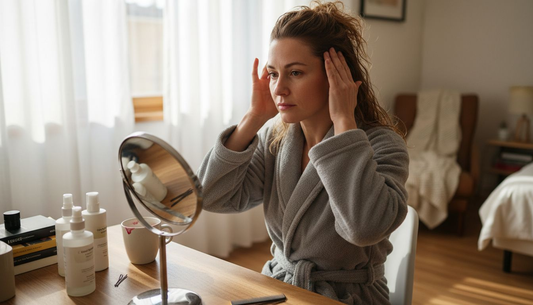 Woman massaging her scalp at vanity