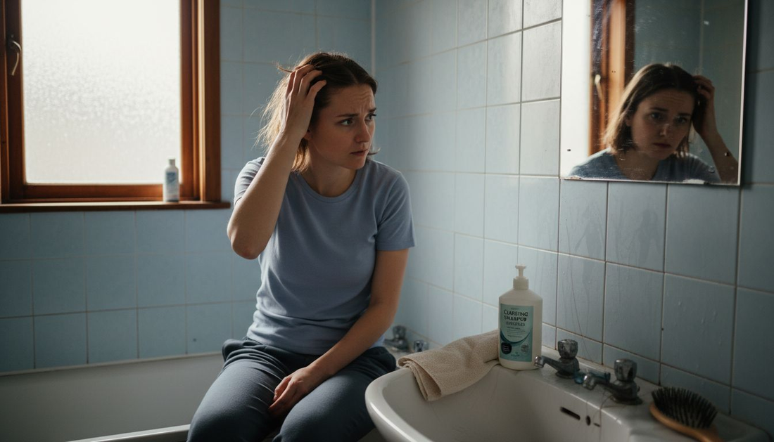 Woman examining greasy hair in bathroom