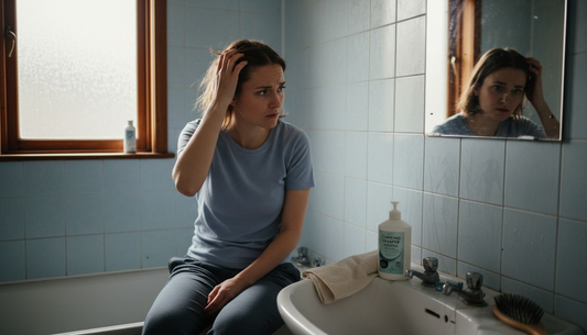 Woman examining greasy hair in bathroom