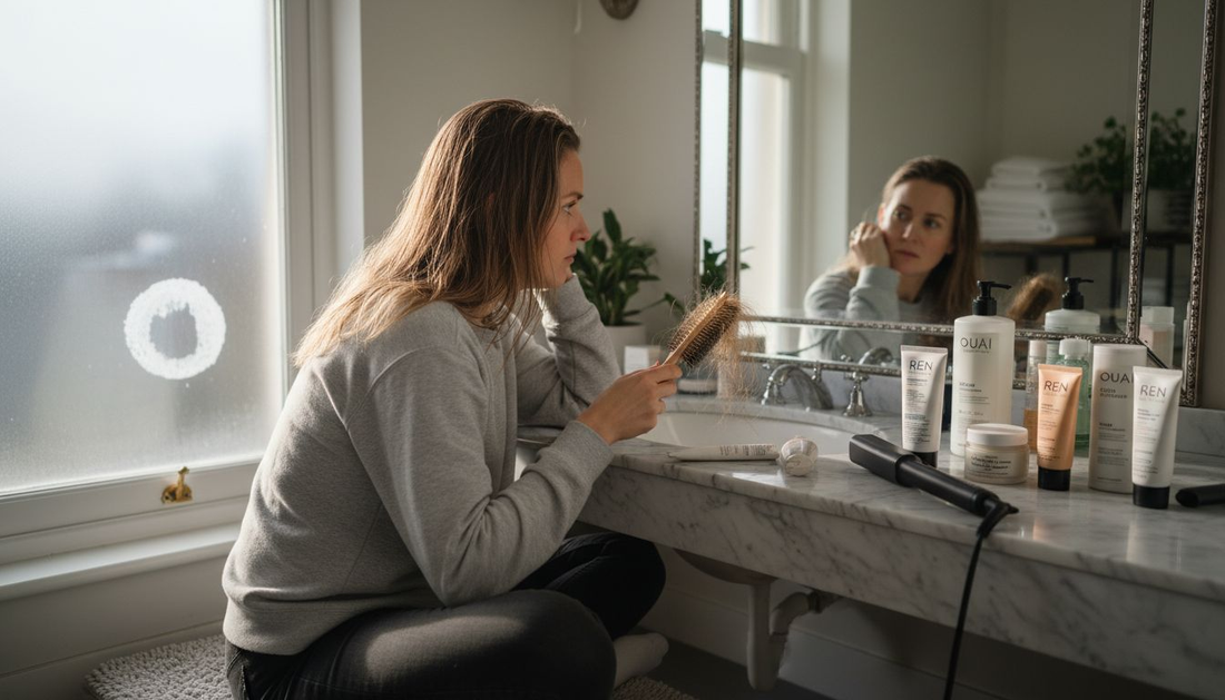 Woman checking greasy hair at bathroom vanity