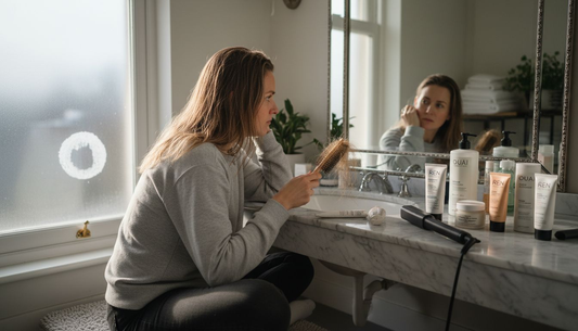 Woman checking greasy hair at bathroom vanity