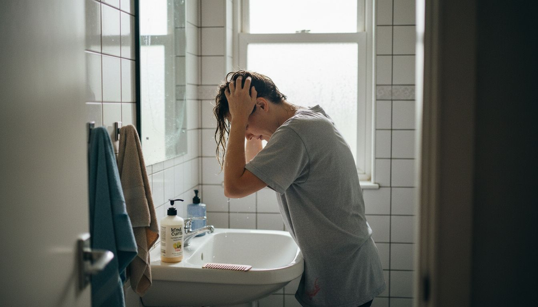 Woman cleansing greasy hair by window