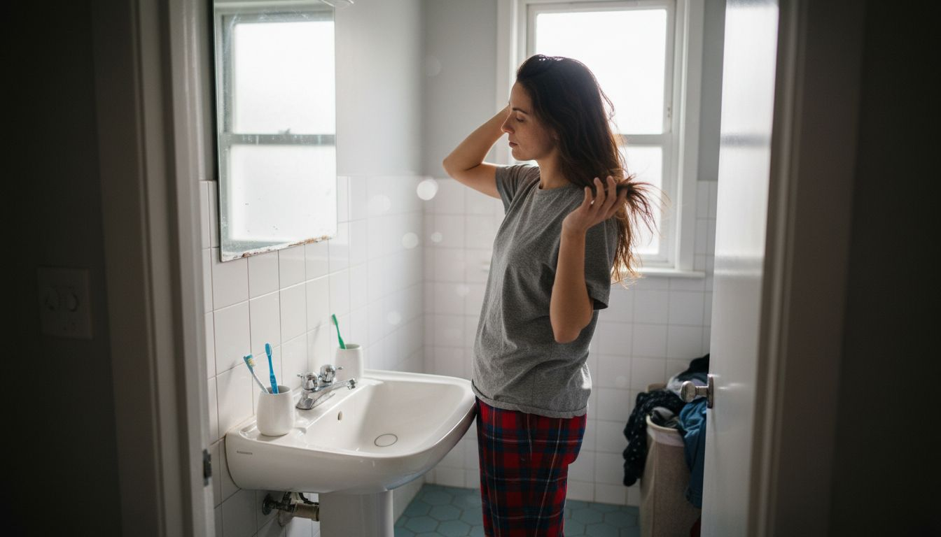 Woman examining dry hair in bathroom light