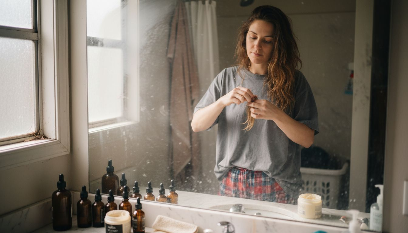 Woman applying serum to damaged hair by mirror