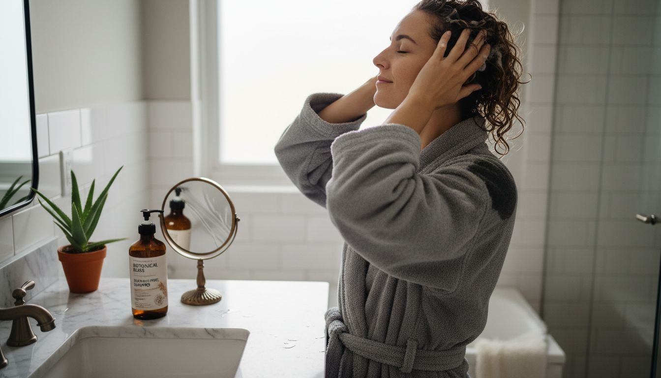 Woman using sulfate-free shampoo in home bathroom