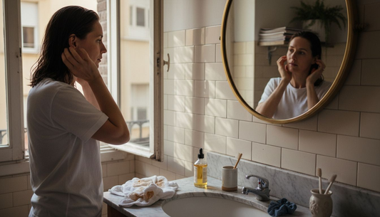 Woman massaging oil into hair by mirror