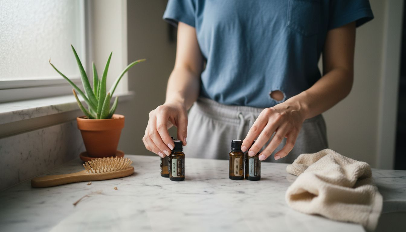 Woman arranging essential oils in bathroom
